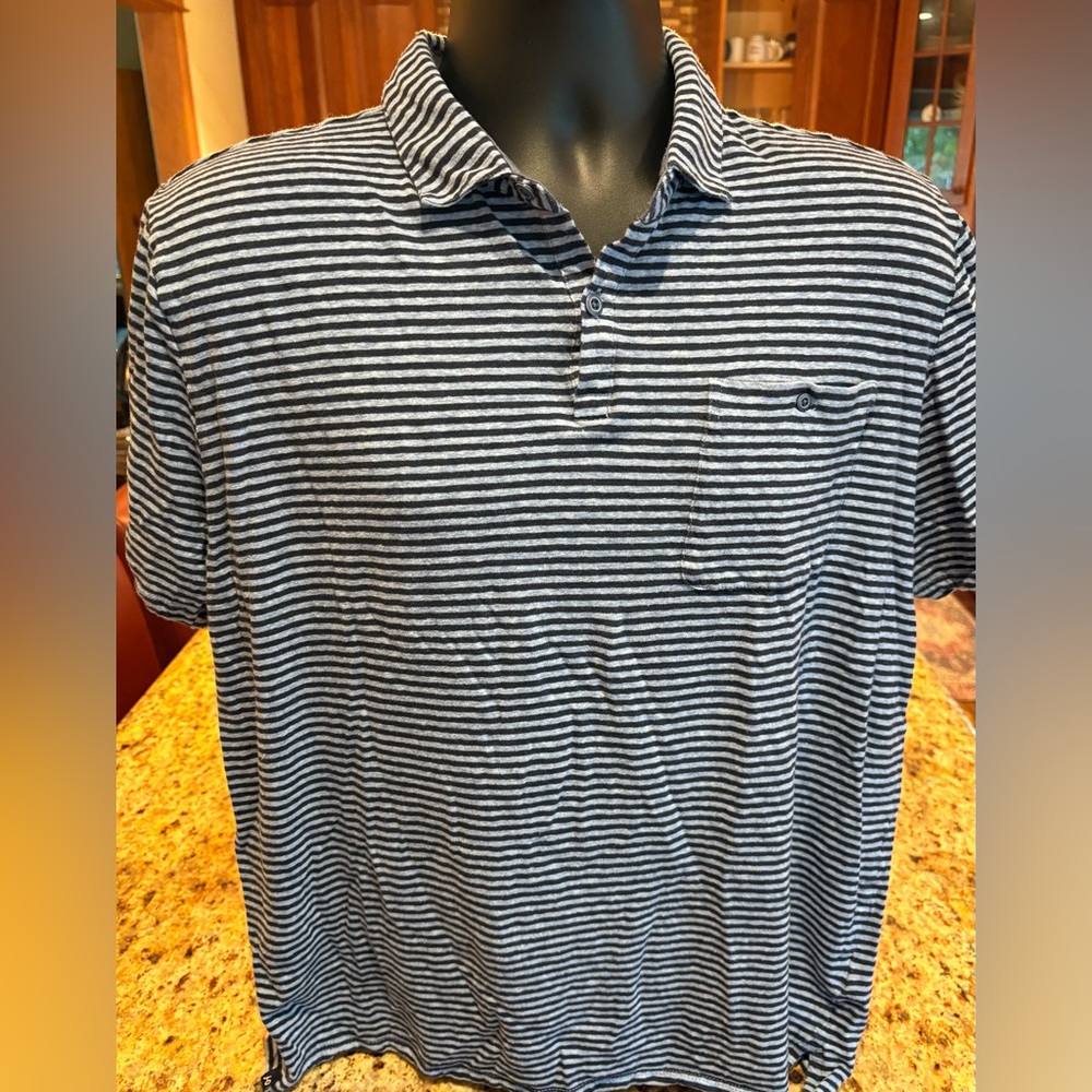 Johnnie-O Men's Polo Shirt -‎ Sharp blue/grey stripes with logo.